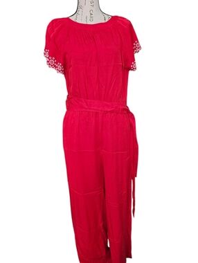 Ann Taylor Red Jumpsuit with Lace Sleeves
